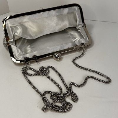 Silver Rhinestone Shimmer Sparkle Clutch Evening Bag With Long Chain Strap 8