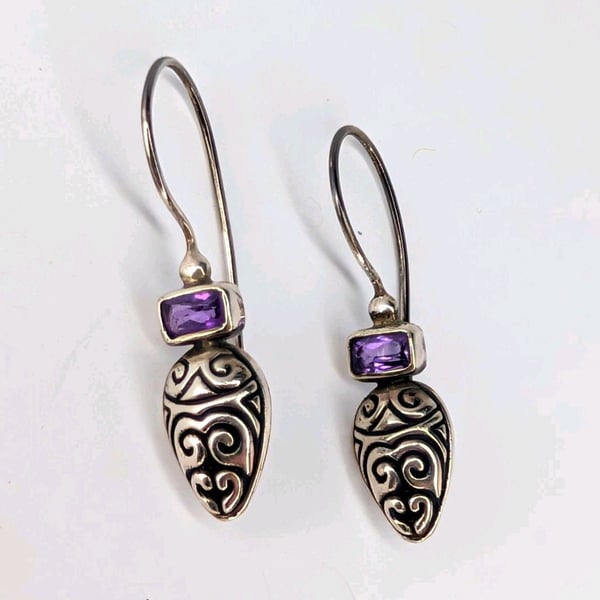 sterling silver amethyst filigree/ Balinese dangle drop earrings