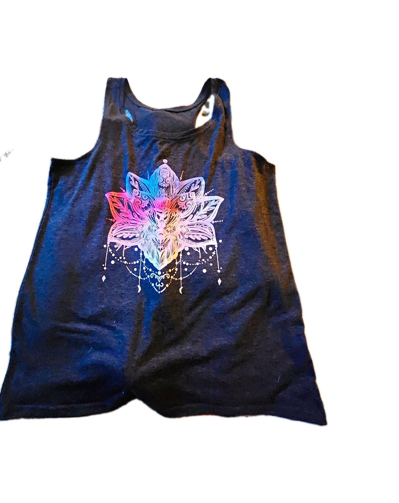 Women's Black Racerback Tank Top L Scoop Neck Lotus Flower Graphic Print 2