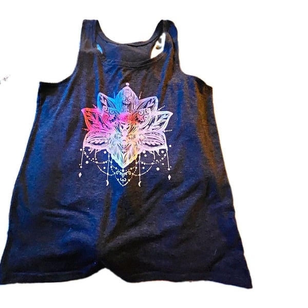 Women's Black Racerback Tank Top L Scoop Neck Lotus Flower Graphic Print