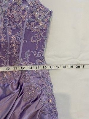 Satin Slit Lace-Up Formal Dress Deep V-Neck and Shimmering Lace Size Medium 7
