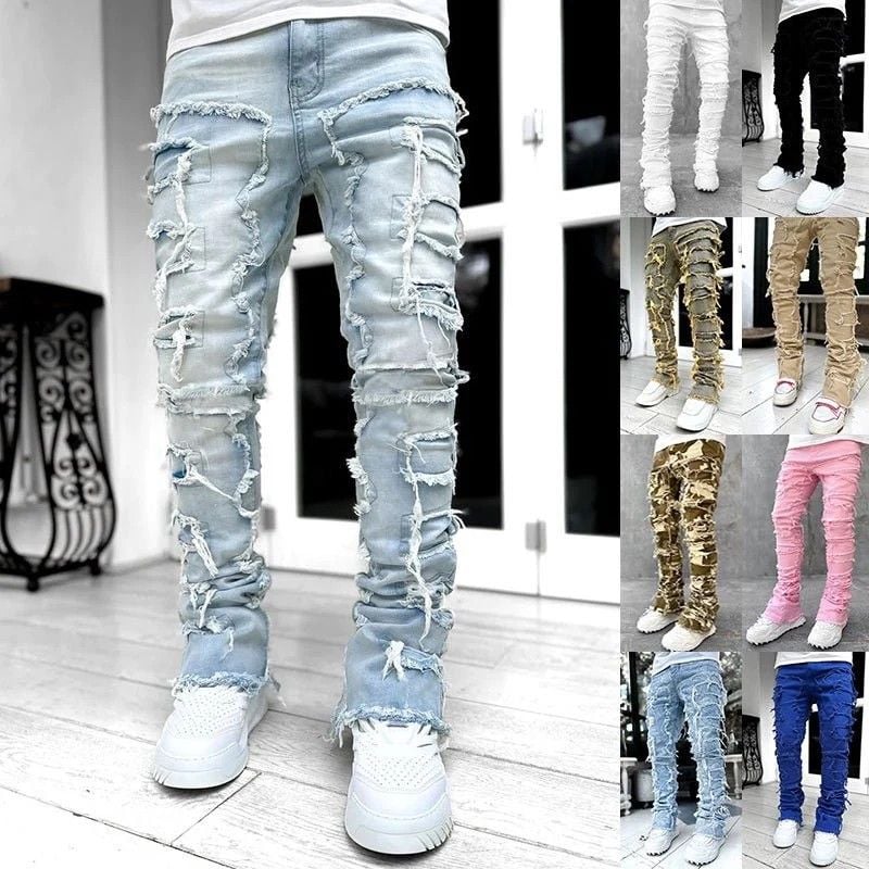 Men's Ripped Stacked Jeans | Fringe Detail | Slim Streetwear Denim 2
