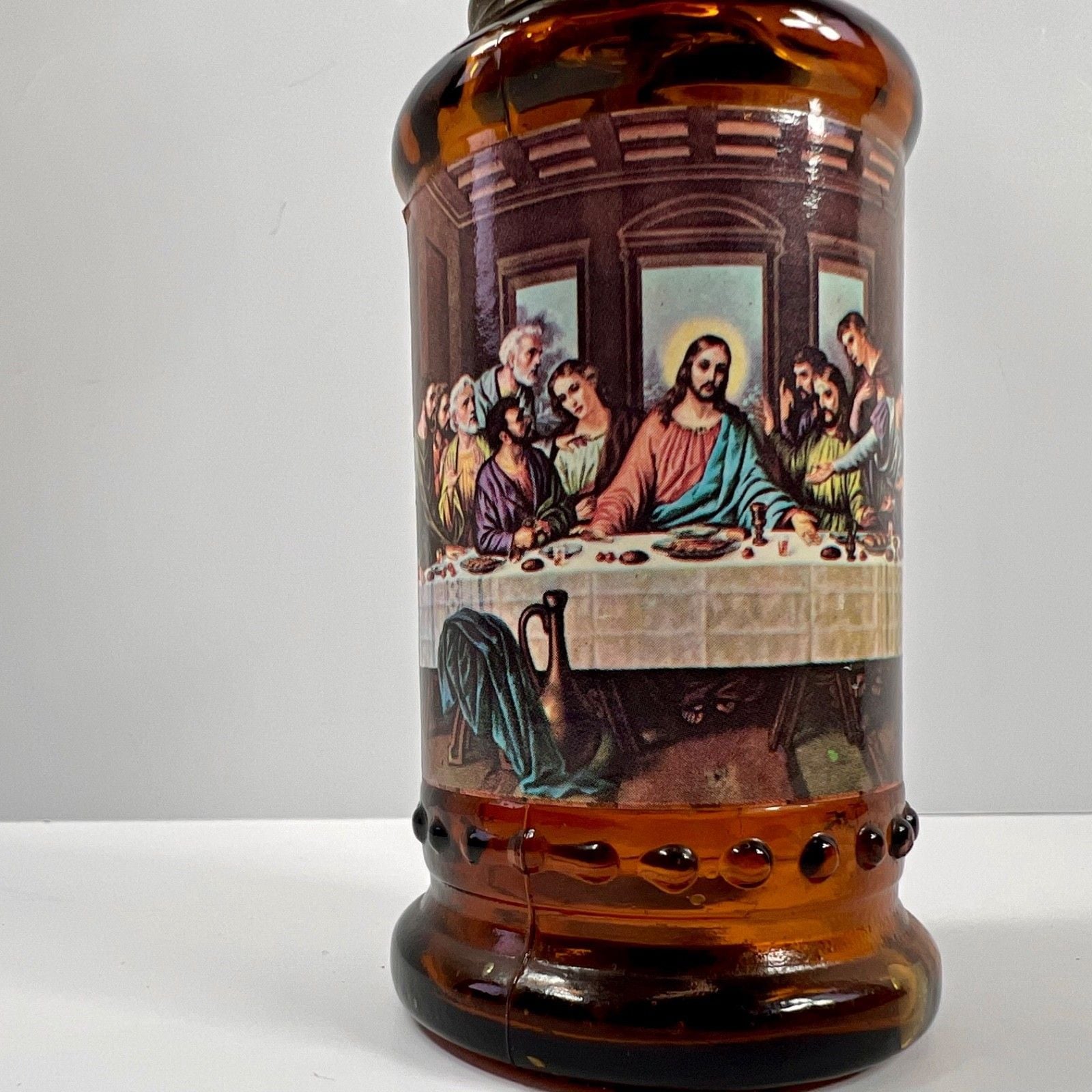 Vintage Chap Stick 1976 Amber Glass Mini Oil Lamp "The Last Supper" Hong Kong 4