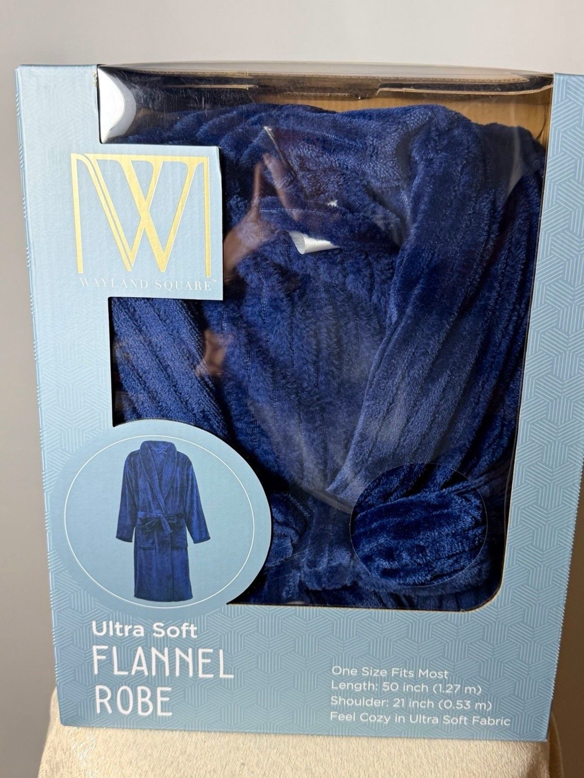 Wayland Square Women's Solid Blue Flannel Robe Belted Tie Pockets One Size 1