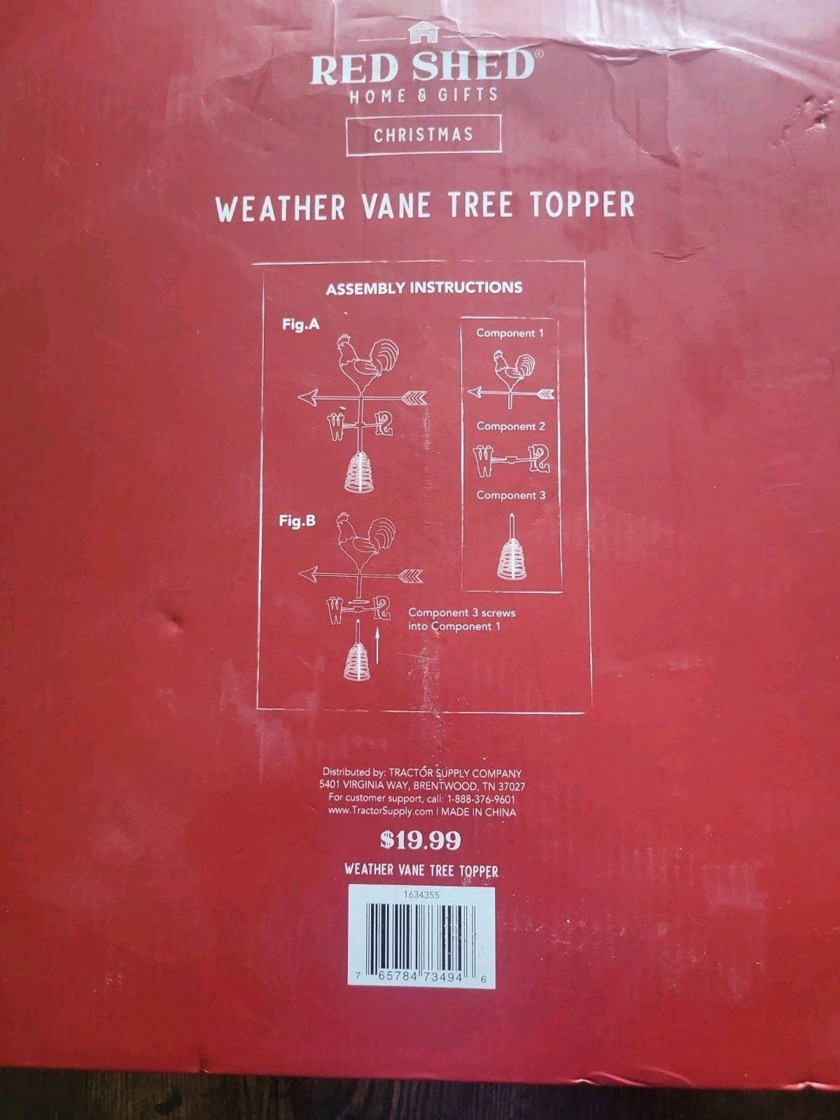 Red Shed Rooster Weathervane Christmas Tree Topper Metal Farmhouse Decor NEW 6