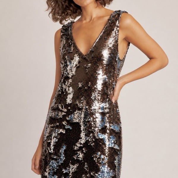 Atmosphere Silver Brown Sequin V-Neck Sleeveless Bodycon Dress Size USA 10