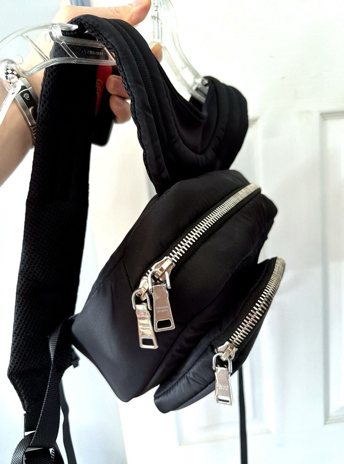 Prada Black Nylon Chest Pack, Olive Logo Stripe 4