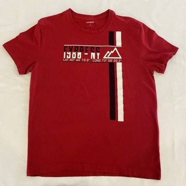 Express Men's  Red Crew Neck T-Shirt with Black & White Logo Stripe Size L