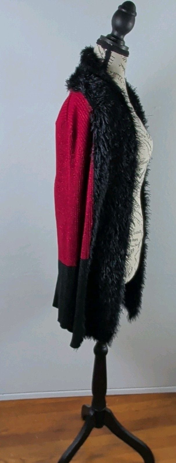 Lauren Michelle Red Black Knit Open Front Faux Fur Trim Cardigan Sweater XL 6
