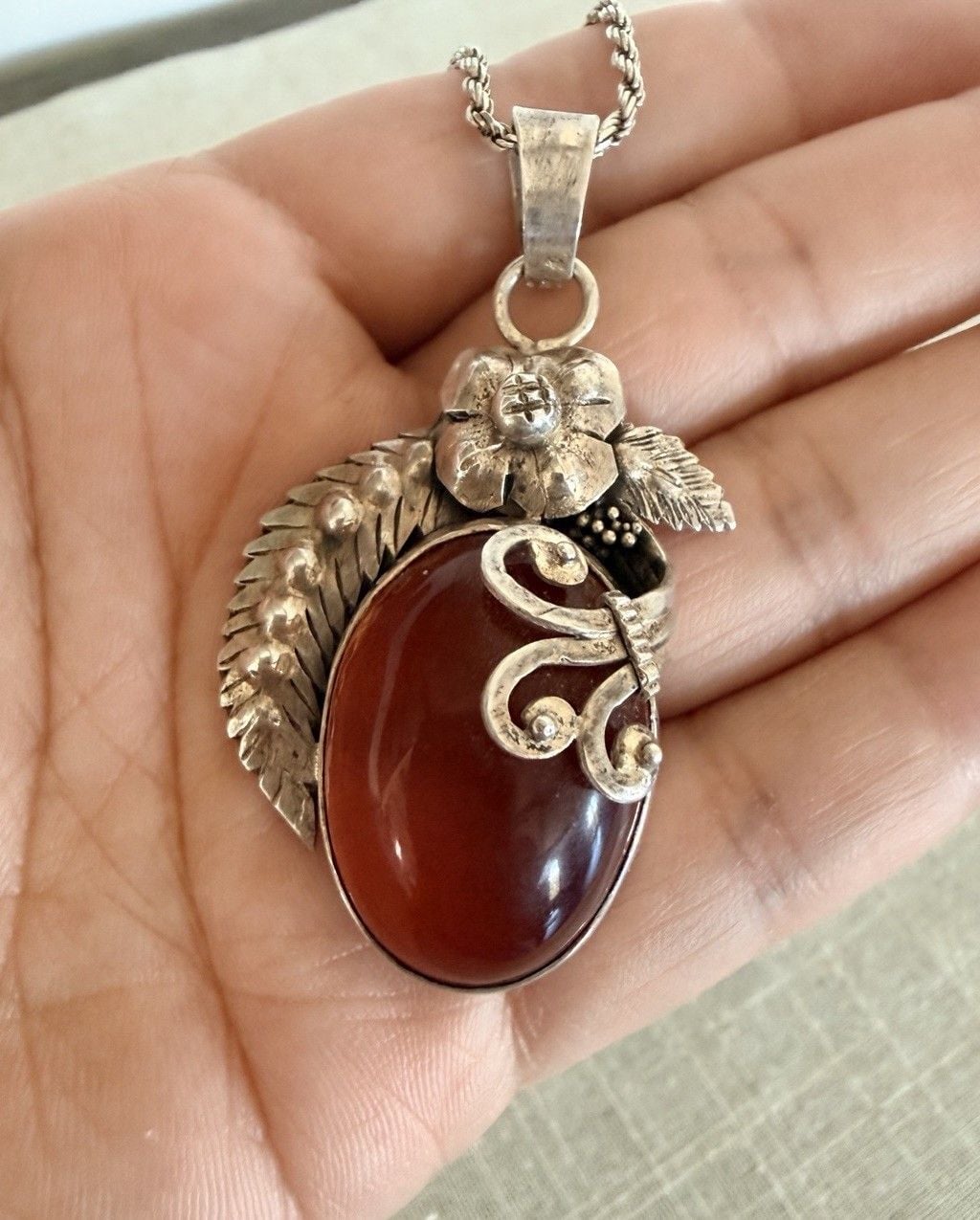 Artisan Sterling Silver Baltic Honey Amber Pendant Necklace 18” Rope Chain 925 5