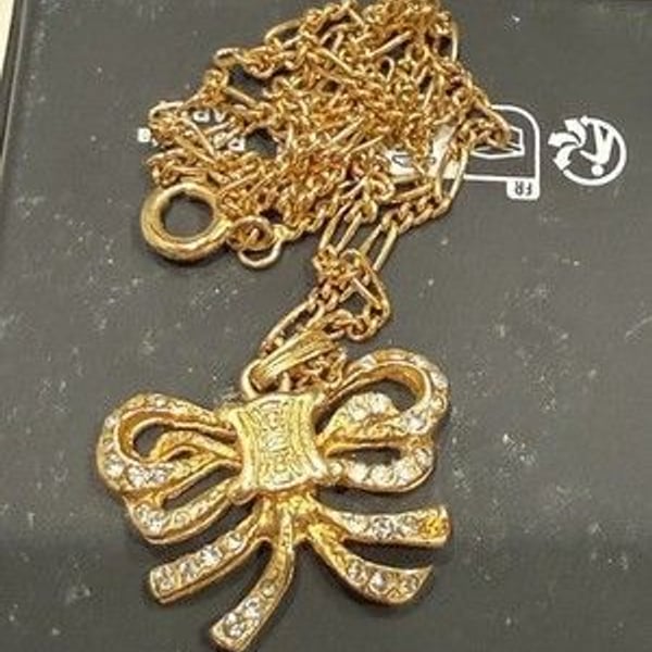 Vintage CELINE gold rhinestone Chain Necklace Triomphe Ribbon Bow Authentic1990s