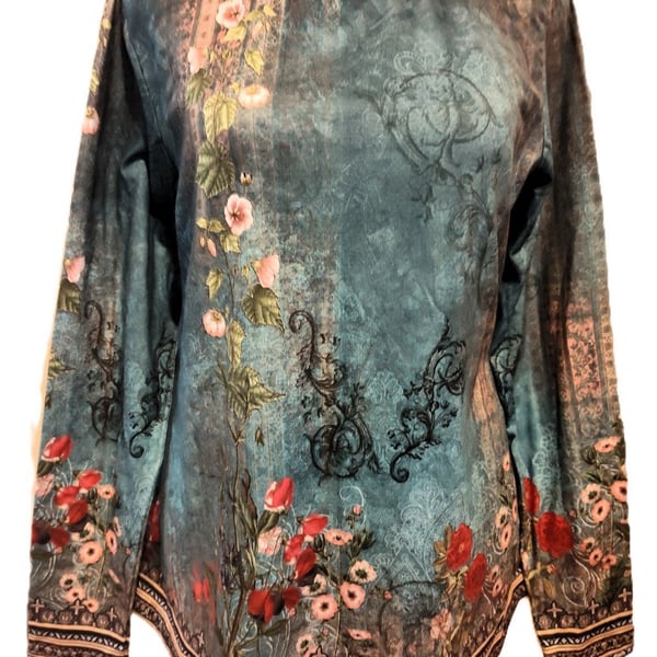 Beautiful Fantaslook Women's Tunic in Vintage Floral Teal Blue Pattern Size S