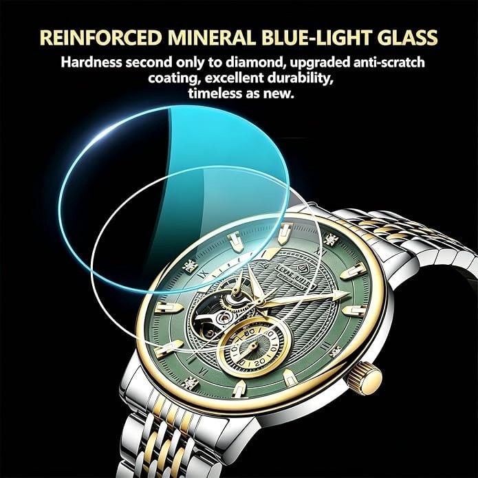 Louie Juelen Men Automatic Skeleton Watch Green Dial Two-Tone Gold Silver Steel 7