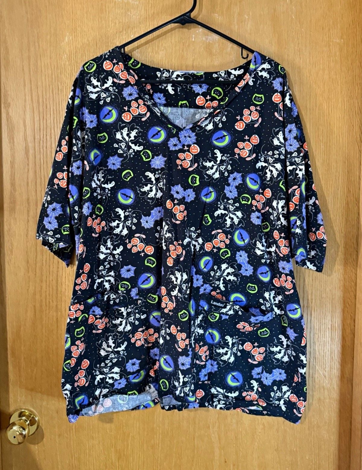 Landau Women’s Halloween Print Scrub Top Short Sleeve Chest Pocket Multi 2