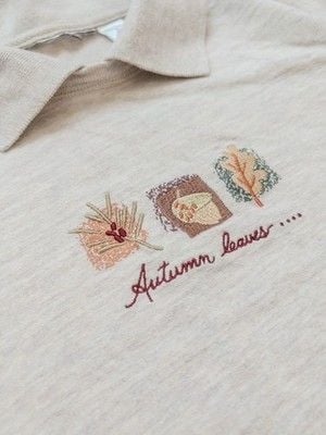 Vintage Fall Autumn Leaves Acorn Embroidery Mock Collar Sweatshirt Large Cotton 2