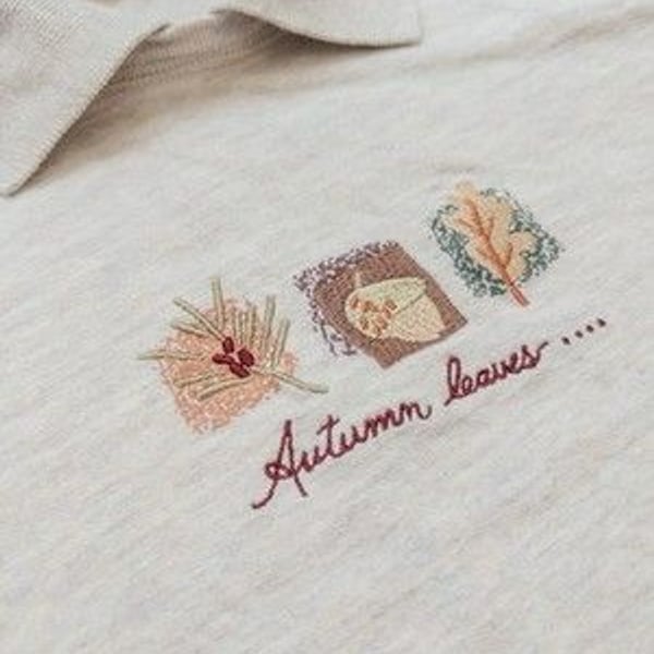Vintage Fall Autumn Leaves Acorn Embroidery Mock Collar Sweatshirt Large Cotton