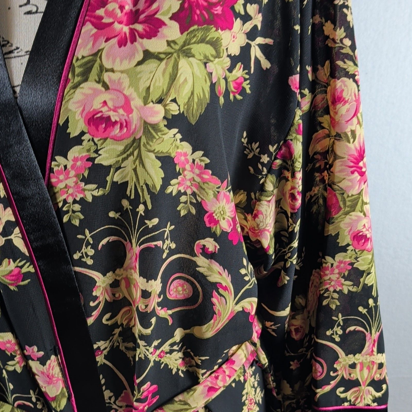 Oscar de la Renta Pink Label Floral Bird Kimono Robe Satin Look Black L XL Poly 4