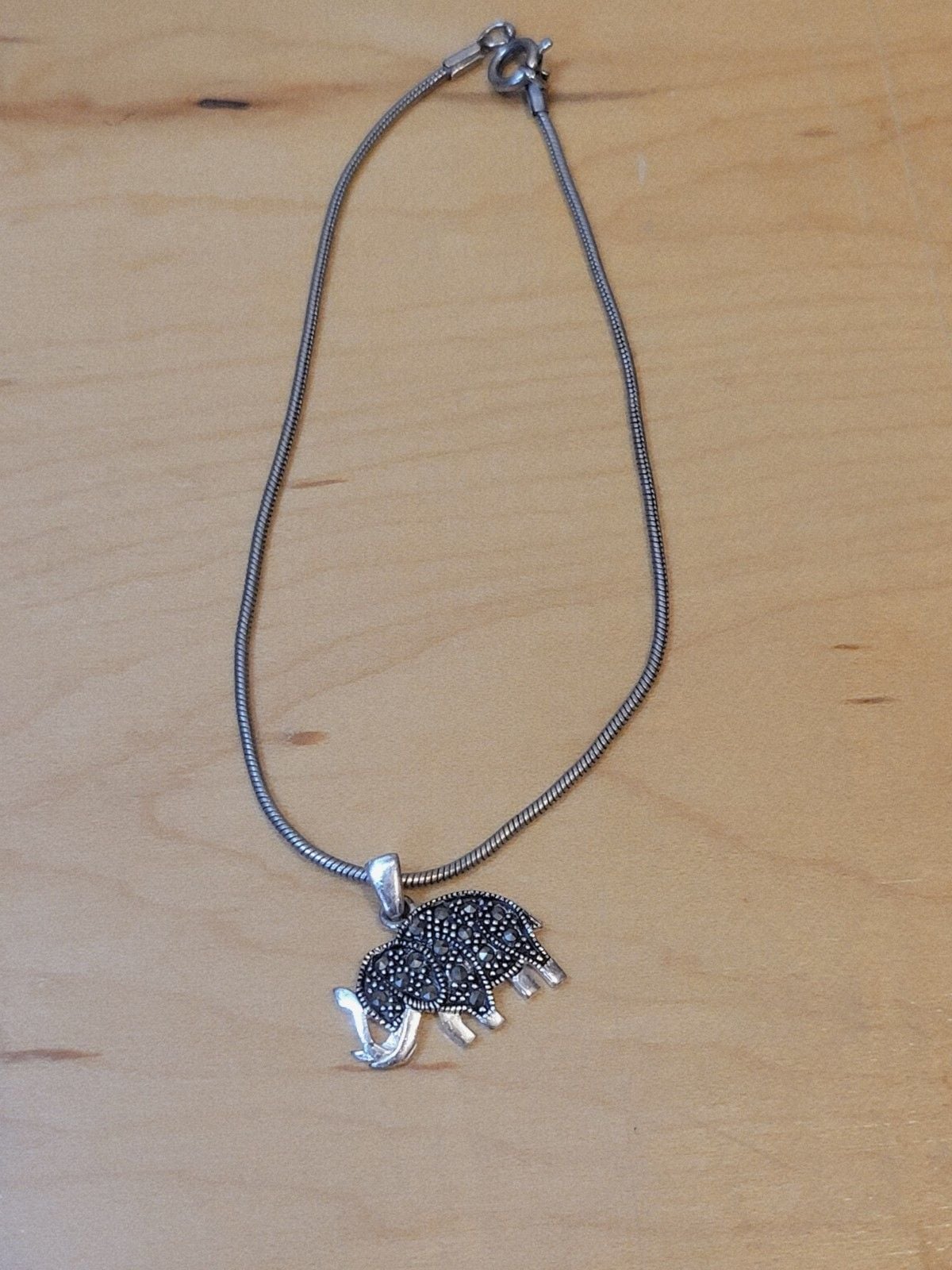 925 Sterling Silver Marcasite Elephant Charm Snake Chain Bracelet Vintage 4