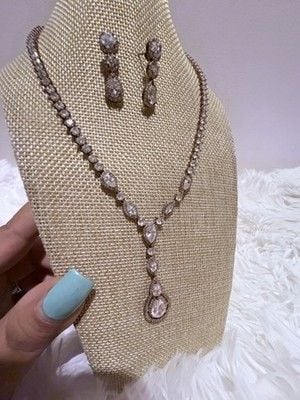 Rose Gold Cubic Zirconia Teardrop bridal Jewelry Set Necklace & Earrings 9