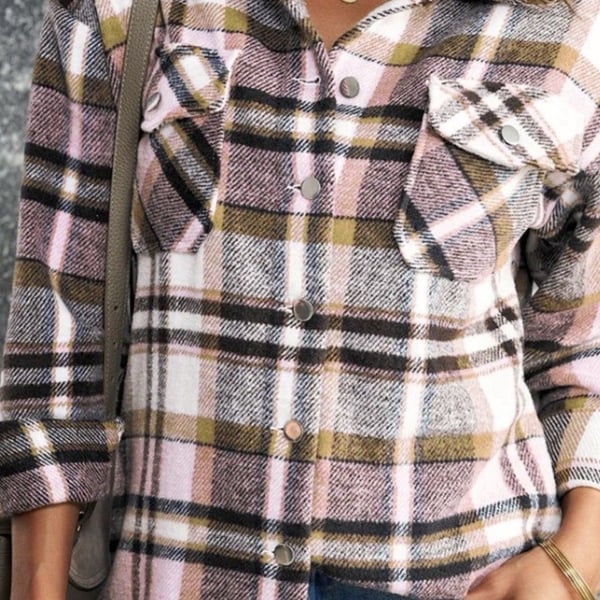 Women's Multicolor Plaid Button-Up Collared Long Sleeve Shirt M Cotton Blend