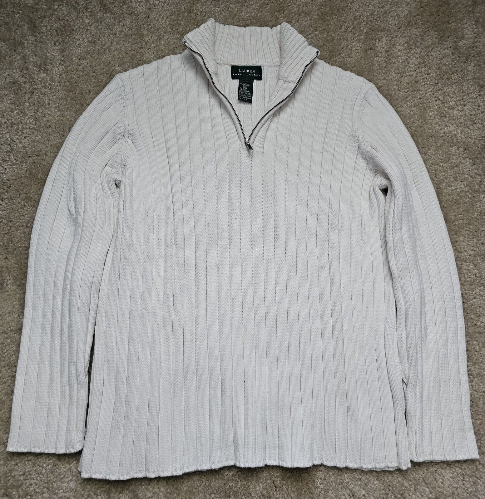 Lauren Ralph Lauren Women L White Ribbed Cotton 1/4 Zip Mock Neck Sweater 2