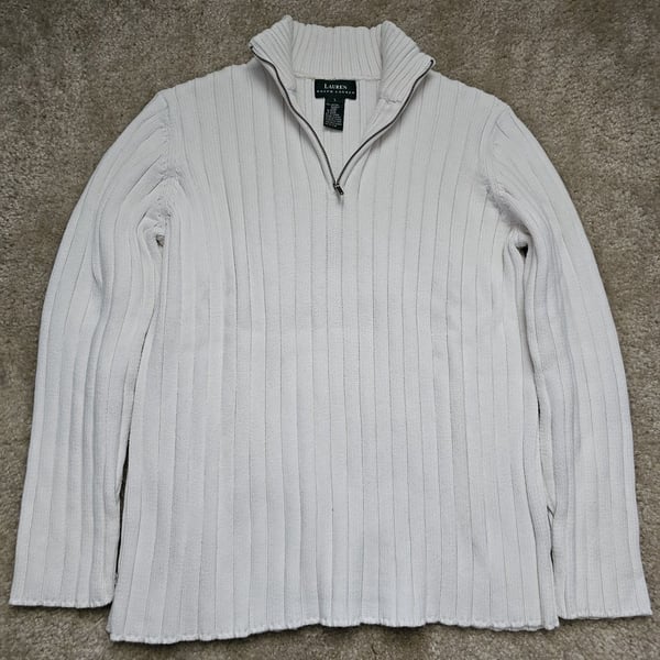 Lauren Ralph Lauren Women L White Ribbed Cotton 1/4 Zip Mock Neck Sweater