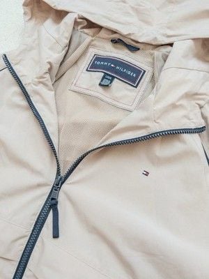 Tommy Hilfiger Windbreaker Jacket Mens Large Beige Hooded Full Zip Mesh Lined L 6
