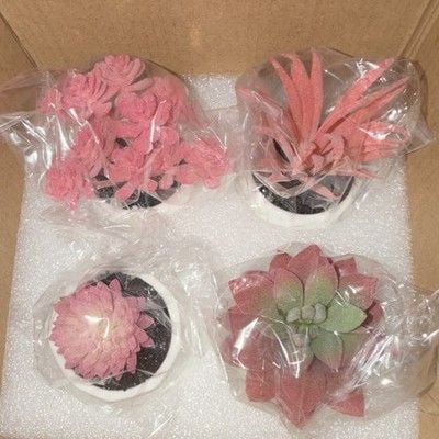CADNLY Artificial Succulent Arrangement Set of 4 Pink Green Plants in White Pots 1