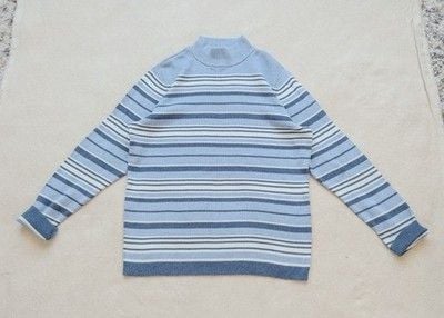 90s Striped Cotton Mock Neck Ribbed Sweater Navy Blue White Size Petite Large 7