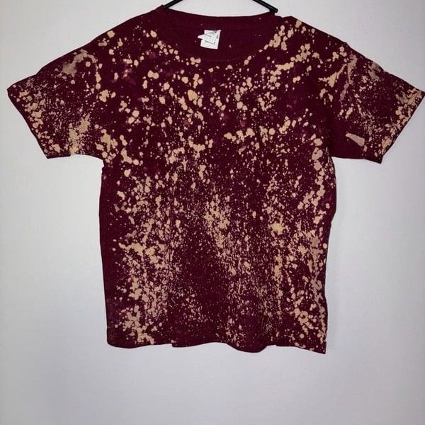 Gildan Heavy Cotton Maroon Bleach Splatter Acid Wash T-Shirt Youth Small