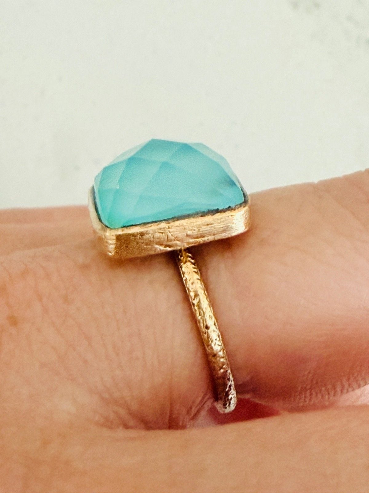 925 Sterling Silver Gold Vermeil Aqua Chalcedony Cushion Cut Statement Ring | Fa 8