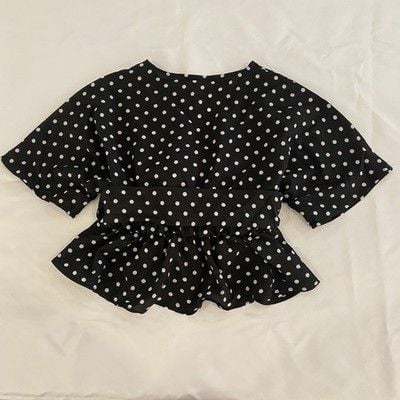 Womens Blouse Short Sleeve V-Neck, Banded Waist, Polka Dots Medium 9