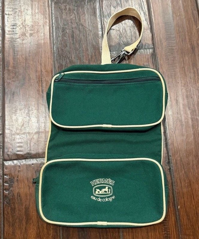 Vintage Hermès Eau de Cologne Green Canvas Promotional Toiletry Travel Pouch 3