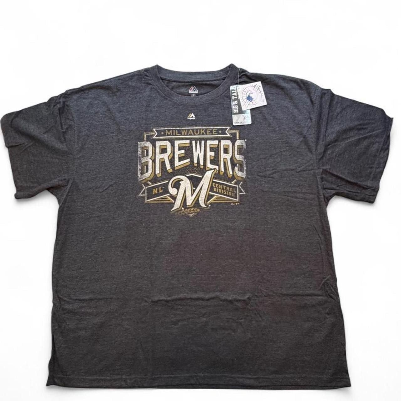 Gray Majestic Athletic Milwaukee Brewers t-shirt with white and gold logo size 4XL big & tall dimensions in the pictures brand new with tags. 2