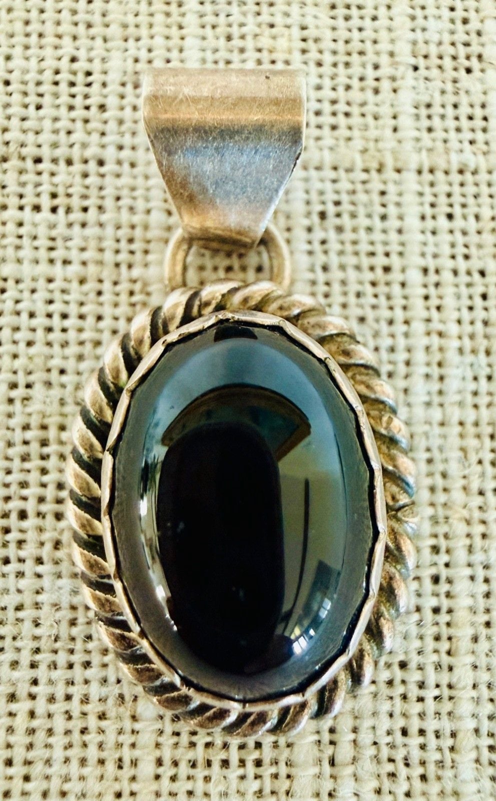 Native American Sterling Silver Black Onyx Pendant RRT Hallmark Rope Bezel 6