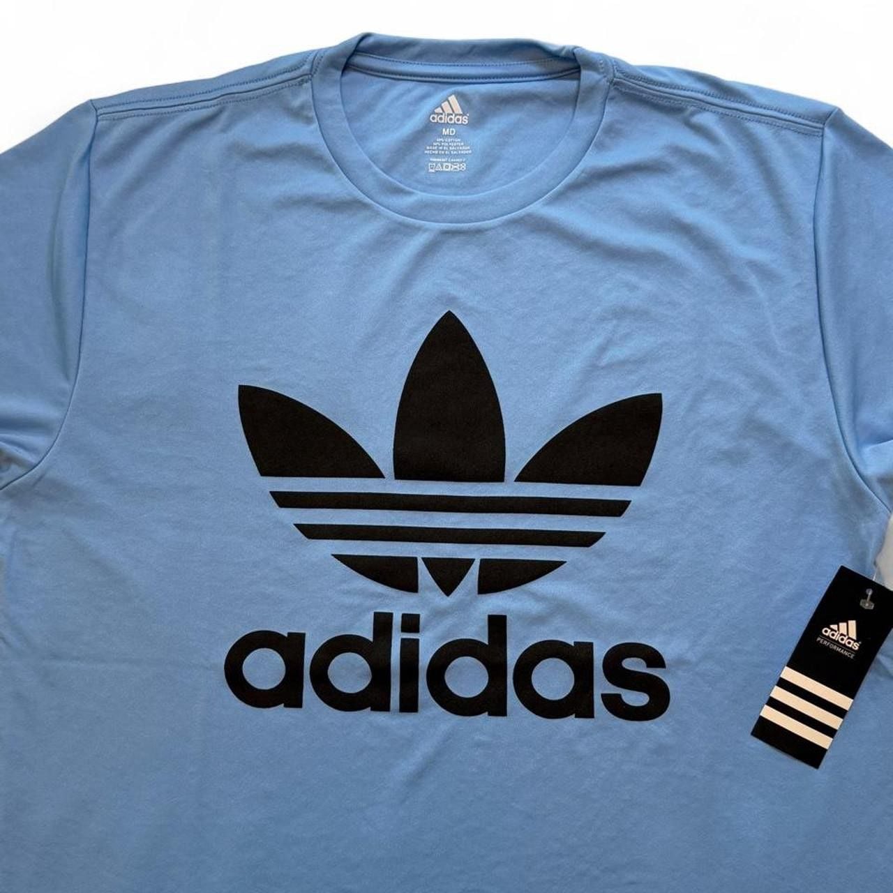 Adidas Originals blue polyester & cotton t-shirt with black trefoil logo size medium dimensions are in the pictures brand new with tags. 5