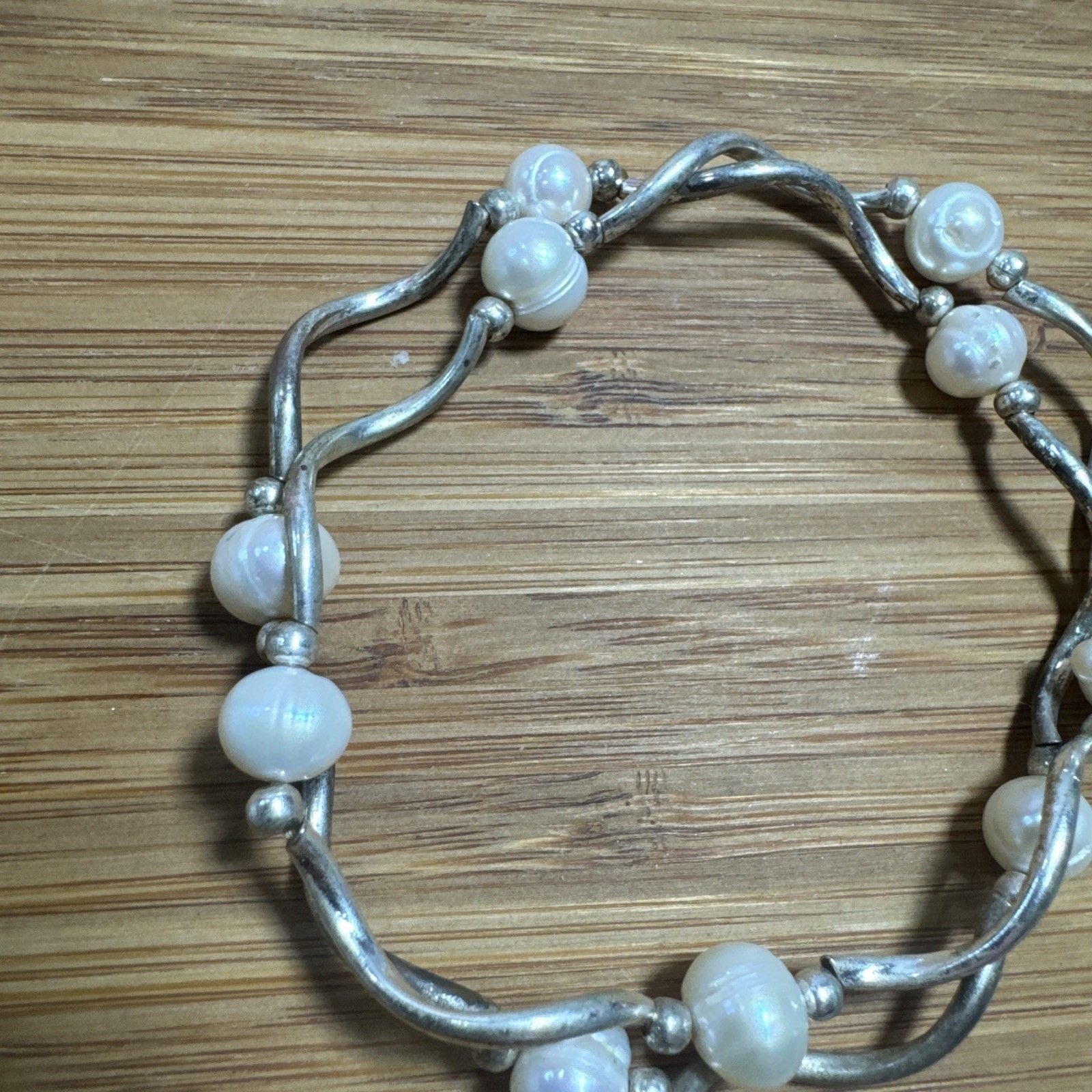 Vintage Silver Plated Genuine Pearl Wave Stretch Bracelets Set of 2 5