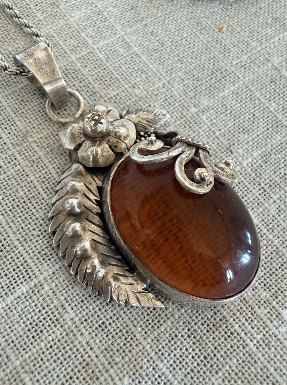 Artisan Sterling Silver Baltic Honey Amber Pendant Necklace 18” Rope Chain 925 4