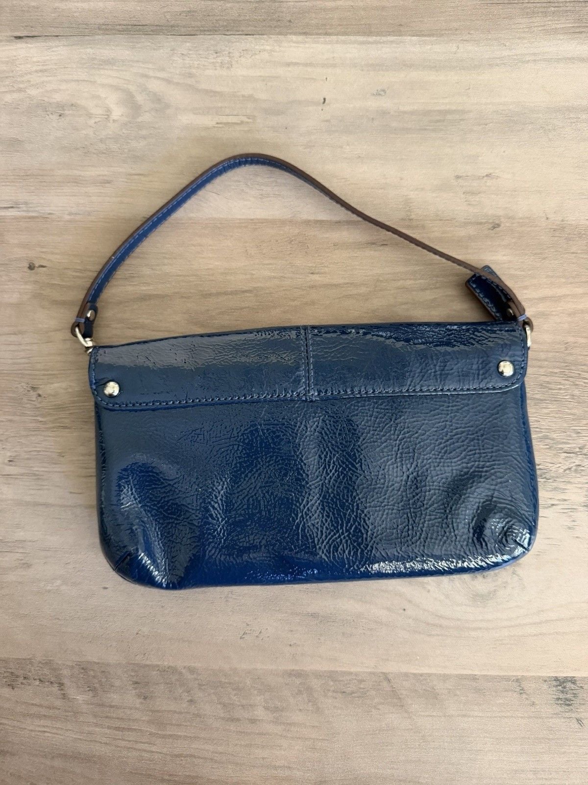 Coach Ashley F49415 Navy Patent Leather Large Flap Wristlet Pleated Gold Logo 3