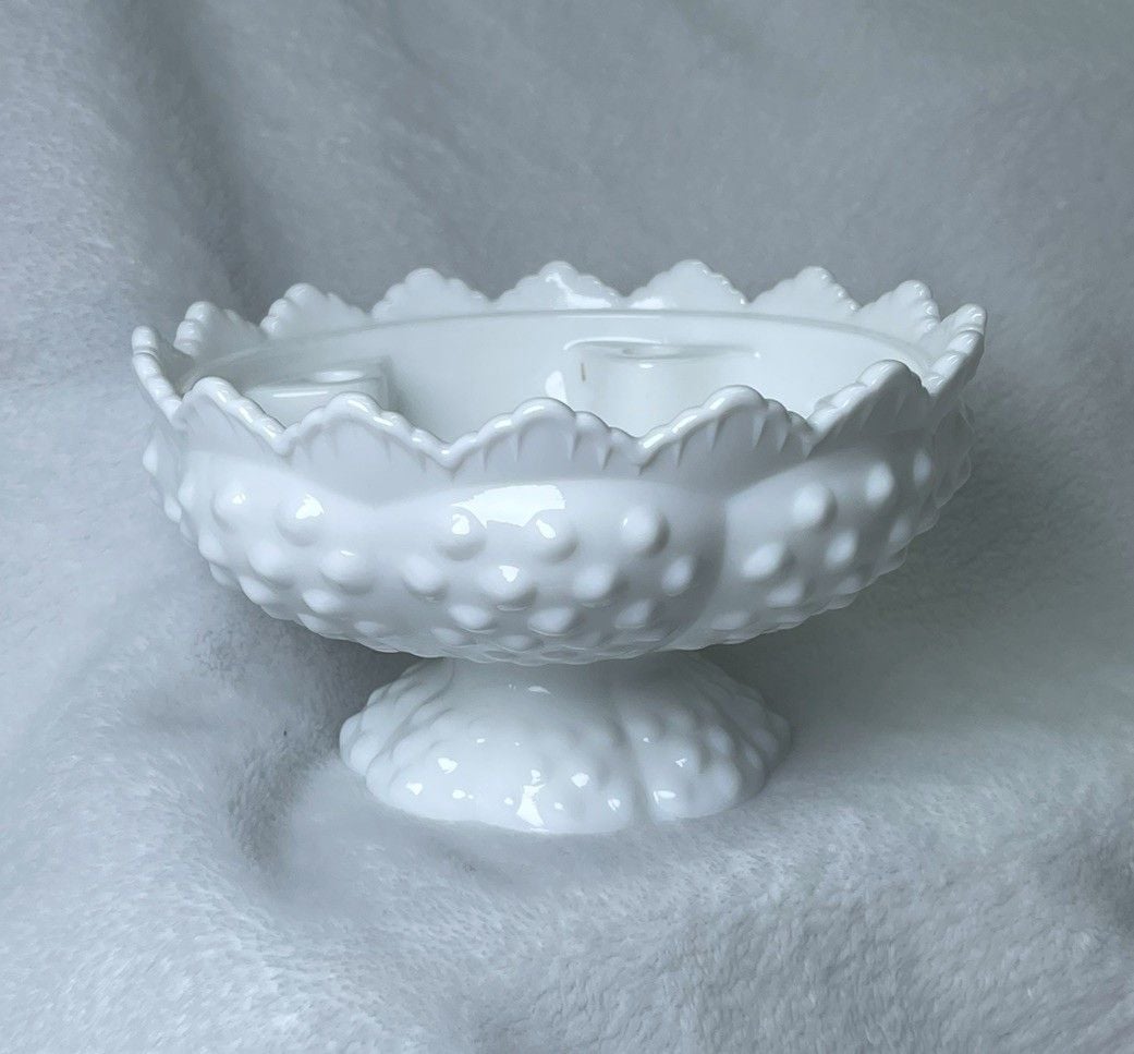Fenton White Milk Glass Sawtooth Hobnail Round Candle Holder Centerpiece Bowl 1