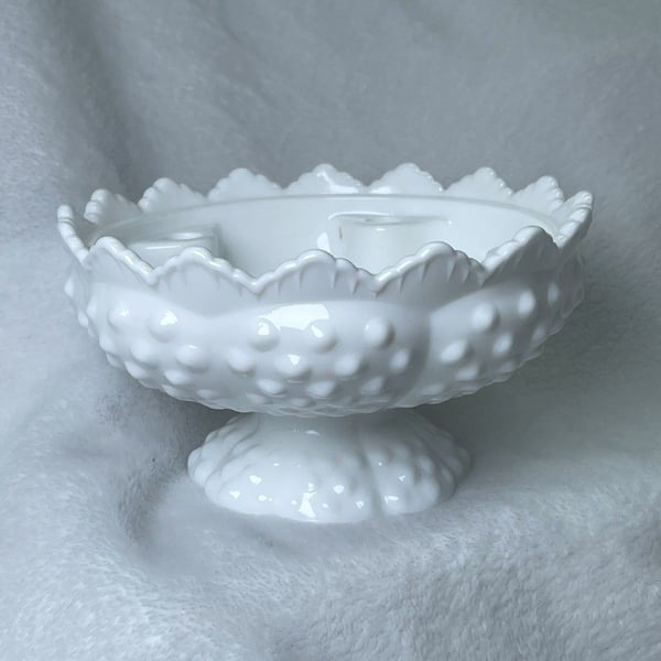 Fenton White Milk Glass Sawtooth Hobnail Round Candle Holder Centerpiece Bowl