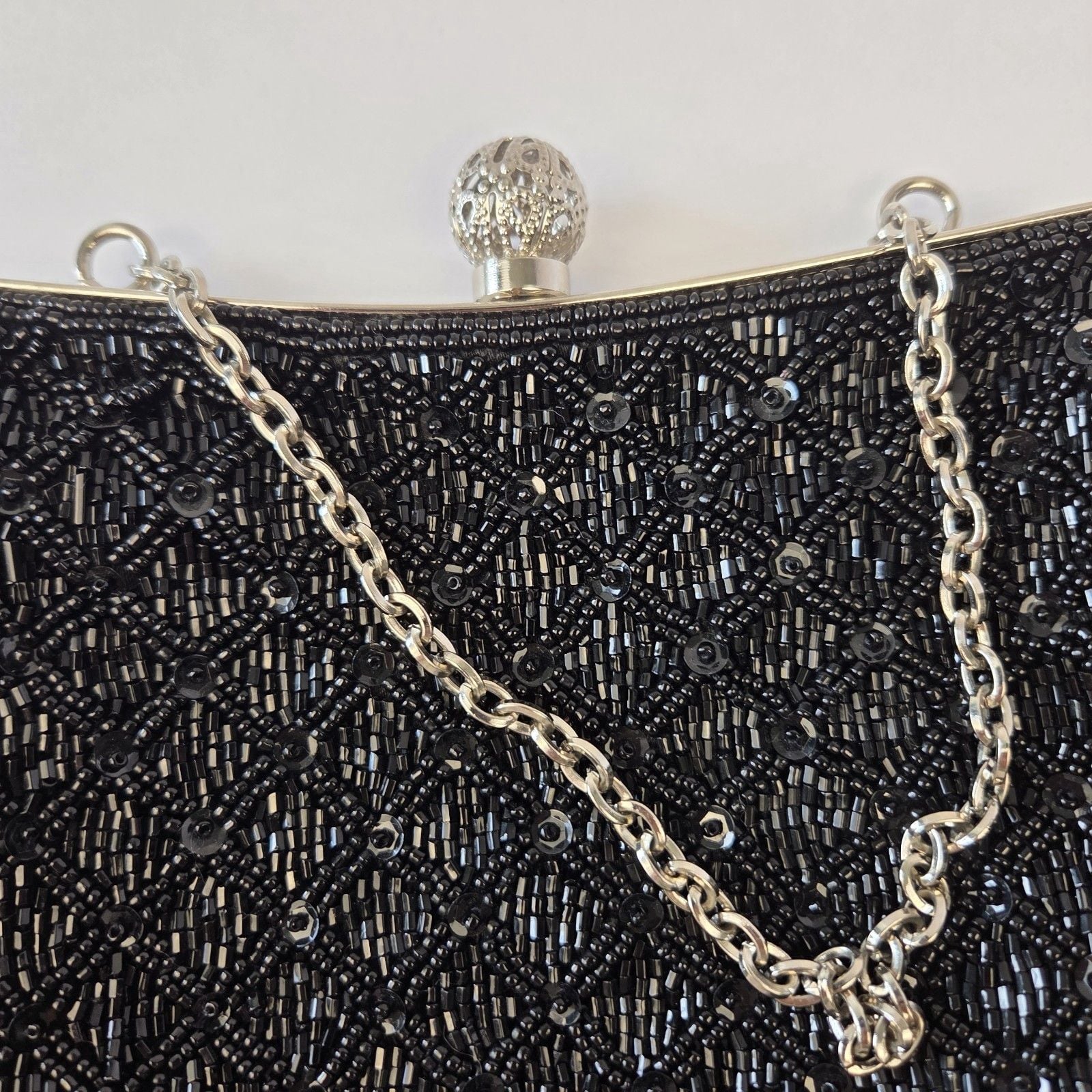 Menbur Black Beaded Clutch Evening Bag Silver Chain Strap Filigree Clasp Closure 9