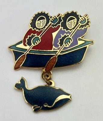 Vintage Artique Barbara Lavallee Cloisonne Enamel Alaskan Inuit In Kayak Brooch 4