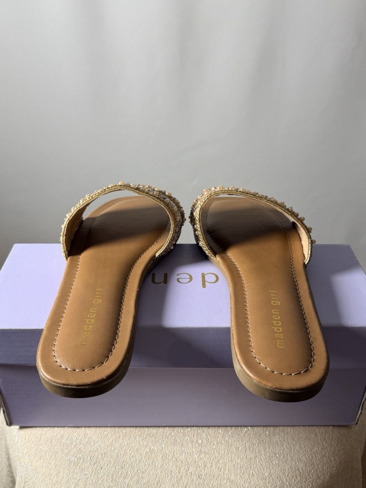 Madden Girl Women's Tan/Gold Rhinestone Beaded Slide Sandals Open Toe Size 7 4