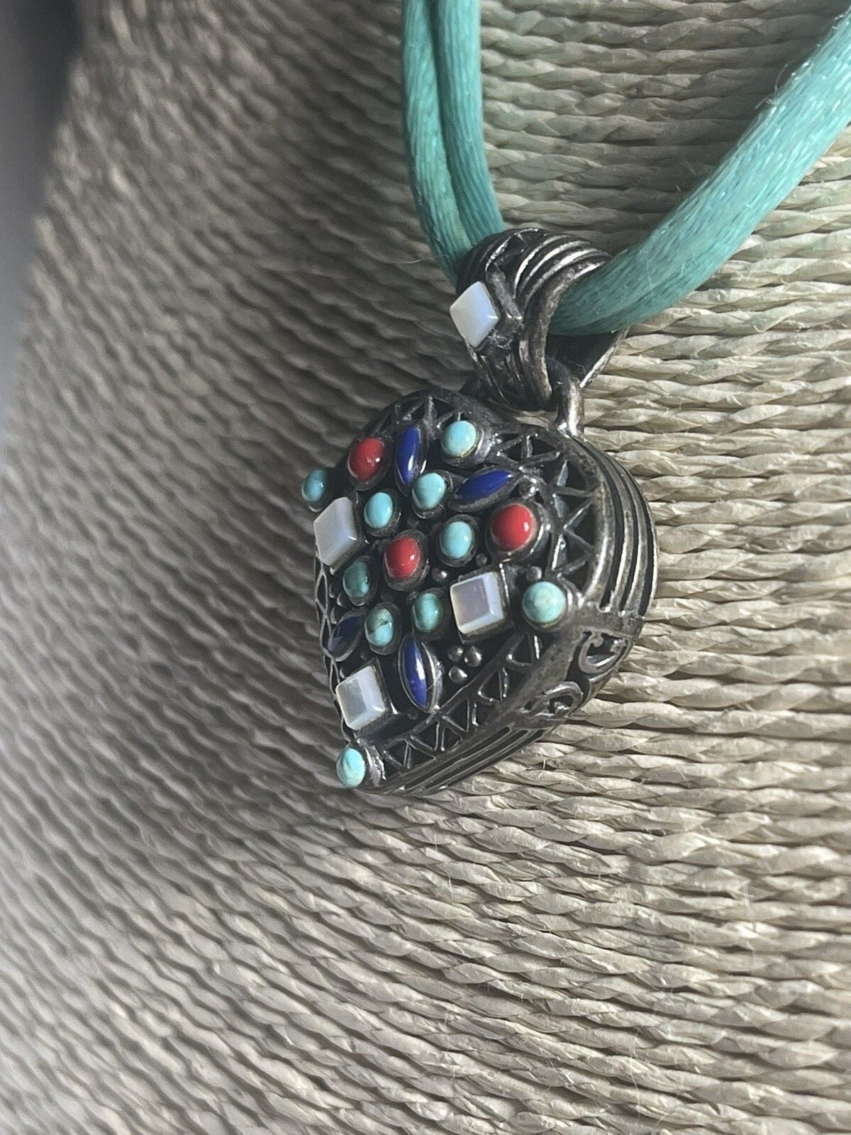Sterling Silver Vintage Gemstone Heart Pendant Stamped SK 7
