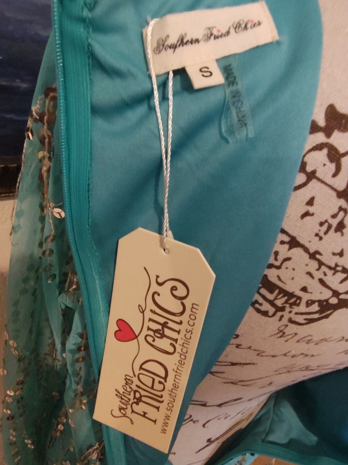 NWT Southern Fried Chics "Magic Mirror" Teal Sequin Fringe Cocktail Dress Sz Sm 8