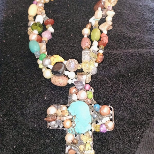 Chunky Multi Stone Cross Necklace