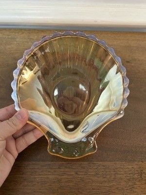 Vintage Carnival Glass Trinket Dish IRIDESCENT Glass Marigold Seashell 6" MINT 1