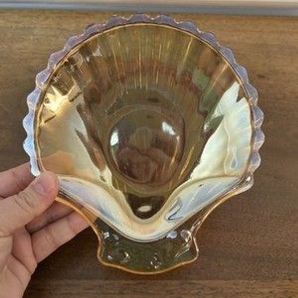 Vintage Carnival Glass Trinket Dish IRIDESCENT Glass Marigold Seashell 6" MINT