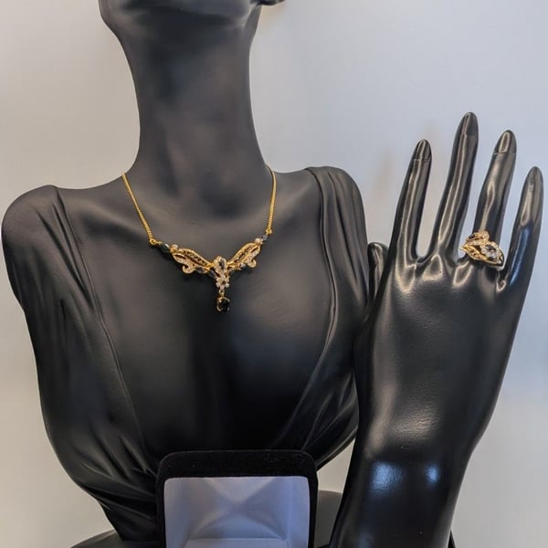 20K Gold Custom Trio Set W/ Dark Blue Sapphires. Collar Style Necklace